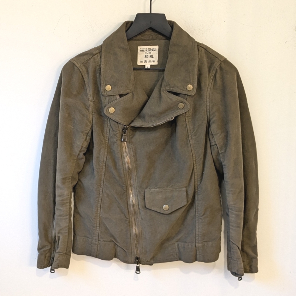 Nili Lotan Women's Green Cotton Moto Biker Full Zip Utility Jacket Size 2